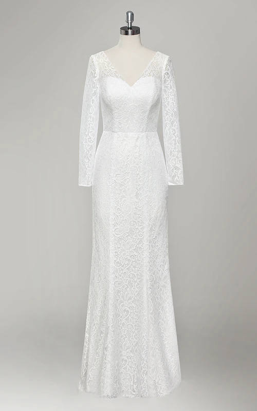 Vestido de novia de encaje de manga larga y escote en V