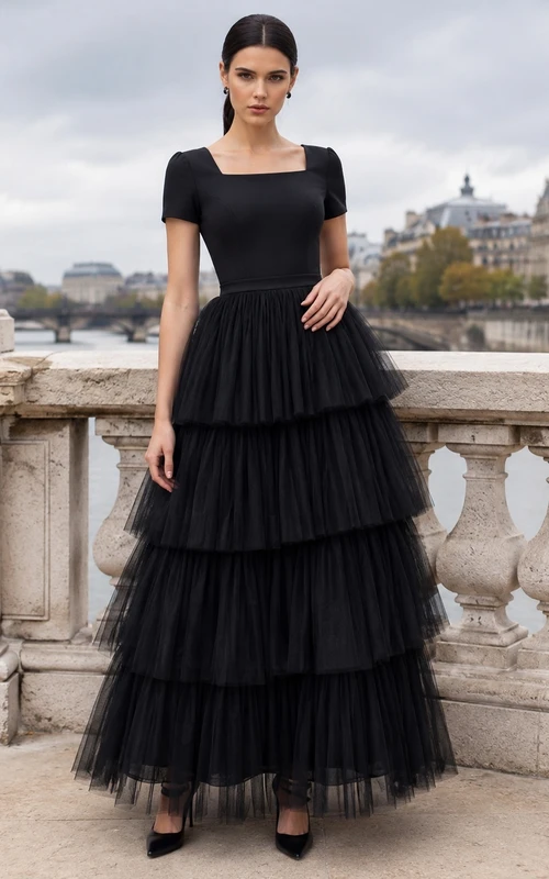 Black Square Neck Short Sleeve Tiered Tulle Ball Gown Floor-Length Vintage Formal Dress