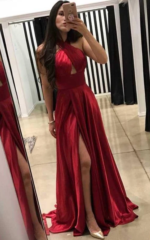 Robe trapèze en satin, dos nu sans manches, fermeture éclair, col licou, sans manches