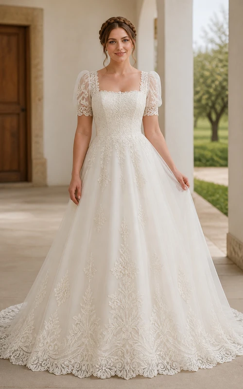 Vestido de novia modesto de manga corta, corte A, escote cuadrado, encaje filigrana suave y cola catedral.