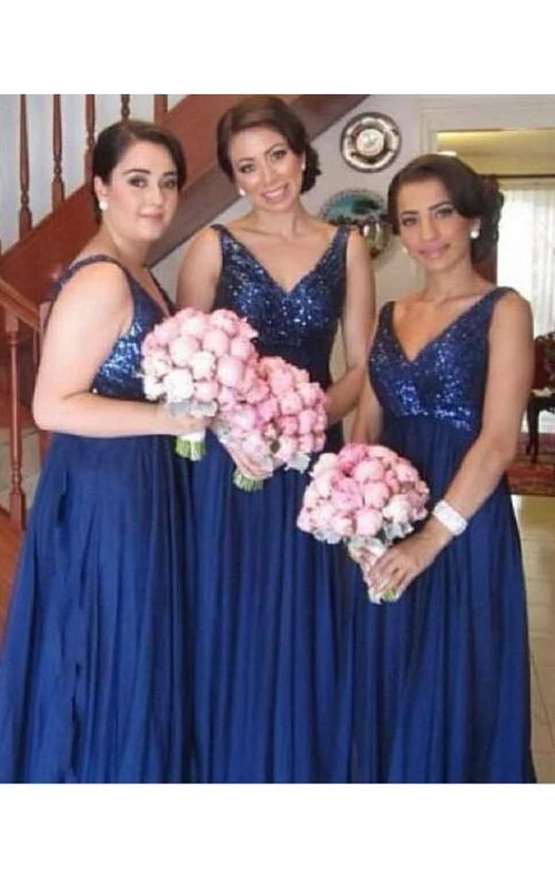 Robe longue sans manches en mousseline à col en V et corsage à sequins