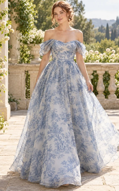 Himmelblaues Brautjungfernkleid aus Chiffon mit floralem Toile-Muster, schulterfreiem Ausschnitt und bodenlangem Rock
