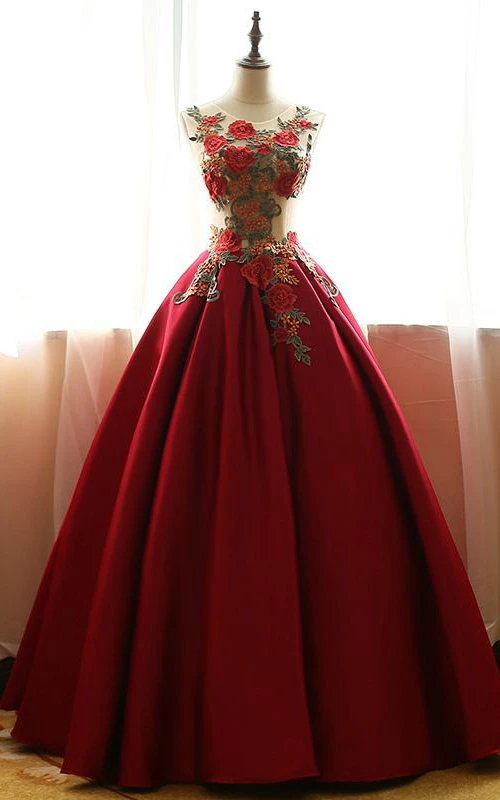 Robe de bal longue sans manches à col rond et broderie cloche, dos lacé en satin de dentelle
