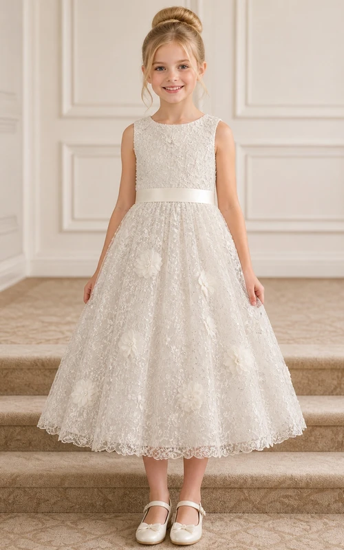 Simple Tea-length A-Line Jewel Sleeveless Lace Sash Flowergirl Dress