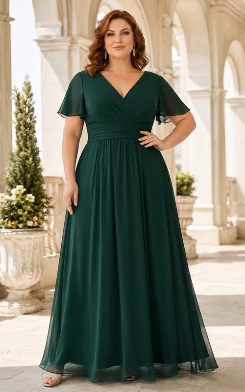 Emerald V-Neck Chiffon Plus Size Formal Dress