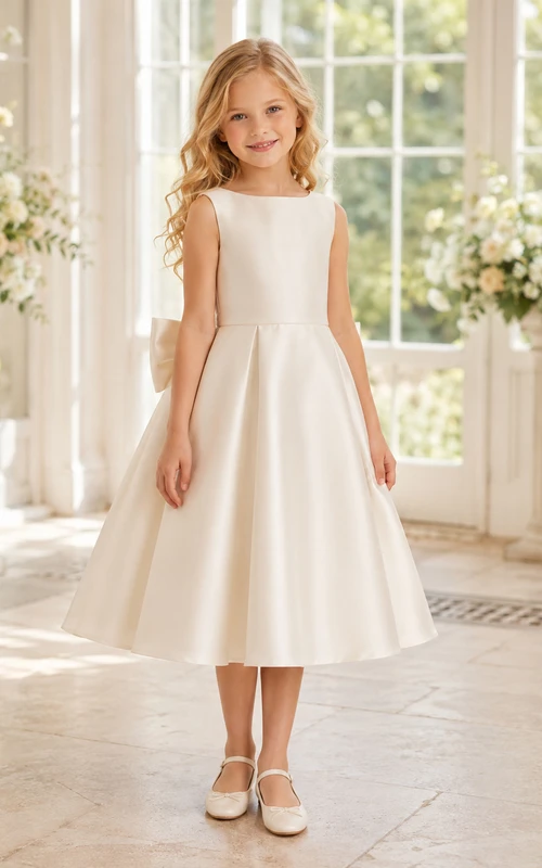 Blumenmädchenkleid aus elfenbeinfarbenem Satin, A-Linie, Rundhalsausschnitt, Teelänge, Schleifendetail