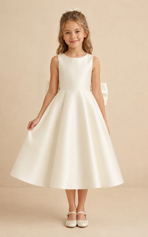 Vestido de niña de flores blanco sin mangas, de corte A, con escote joya y falda a la altura de la rodilla con detalle de lazo.