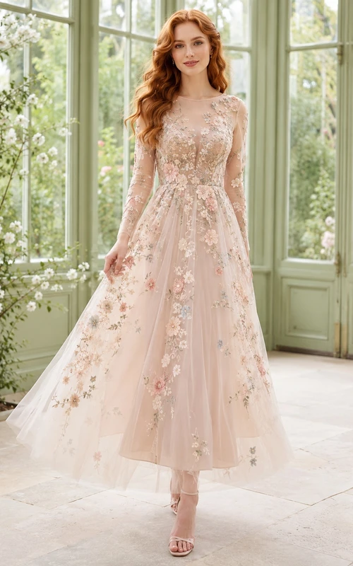 Blushing Pink Long Illusion Sleeve Floral Applique Tulle A-Line Tea-Length Wedding Dress