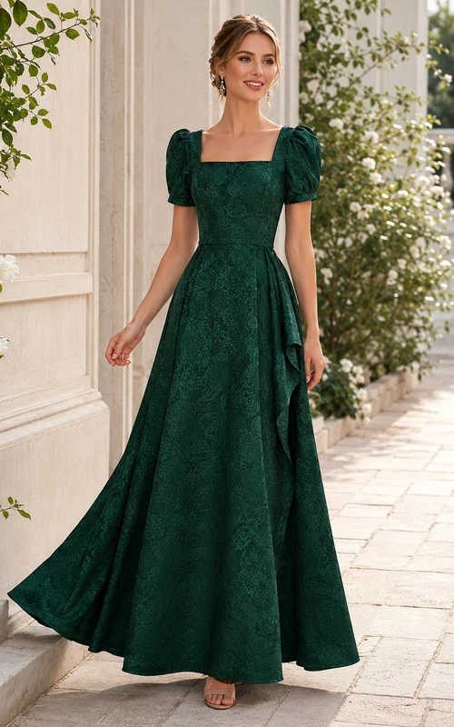 Vintage-Kleid in Dunkelgrün mit Jacquardmuster, A-Linie, bodenlang, mit quadratischen Puffärmeln