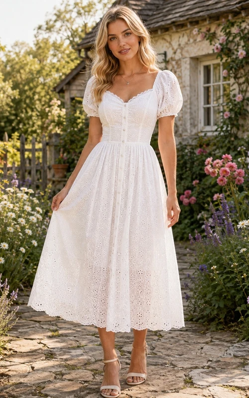 White Cotton Square Neck Puff Sleeve A-Line Tea-length Vintage Casual Country Garden Adorable Dress