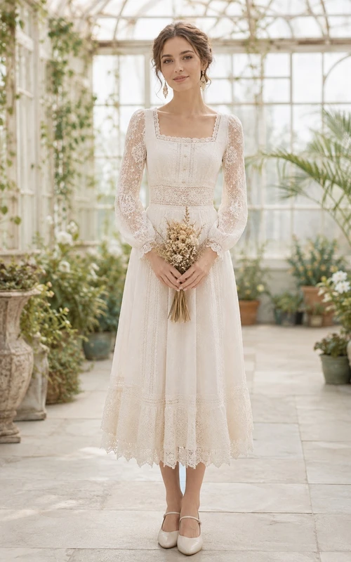 Champagnerfarbenes Vintage-Kleid in A-Linie mit eckigem Ausschnitt, langen Ärmeln und Spitze, wadenlang