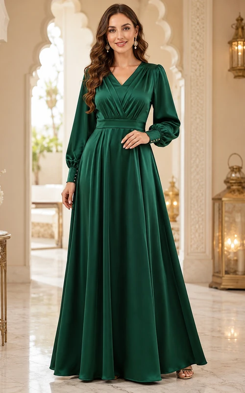 Dunkelgrünes, bodenlanges Eid-Kleid aus Satin mit V-Ausschnitt, langen Ballonärmeln, Perlenbesatz an der Taille und A-Linien-Schnitt.