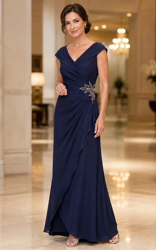 Modest Sheath Navy V-Neck Cap Sleeve Floor-Length Formal Evening Dress