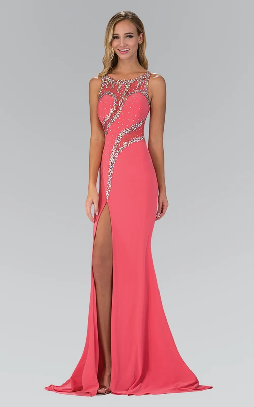 Sheath Scoop-Neck Sleeveless Jersey Dress With Beading And Split Front