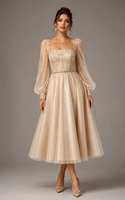 Robe champagne en tulle à col carré et manches bouffantes, longueur thé, coupe trapèze, col carré et manches bouffantes