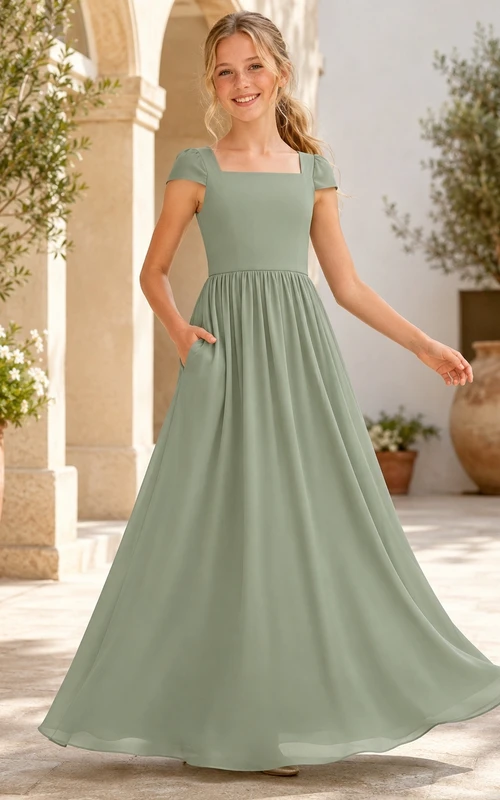 Vestido de dama de honor juvenil color celadón, corte en A, manga corta cuadrada, detalle de bolsillo tipo gorro de gasa, sencillo.