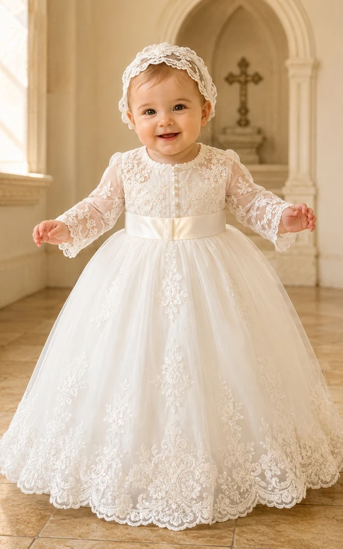 Vestido de bautizo de lujo estilo Champagne Regal, corte en A, largo hasta los tobillos, cuello joya, manga larga, tul, encaje y espalda abotonada.