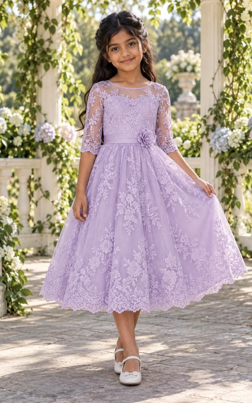 Vestido de niña de flores de corte A, estilo modesto, color lavanda con estampado floral, mangas tres cuartos y borde festoneado.