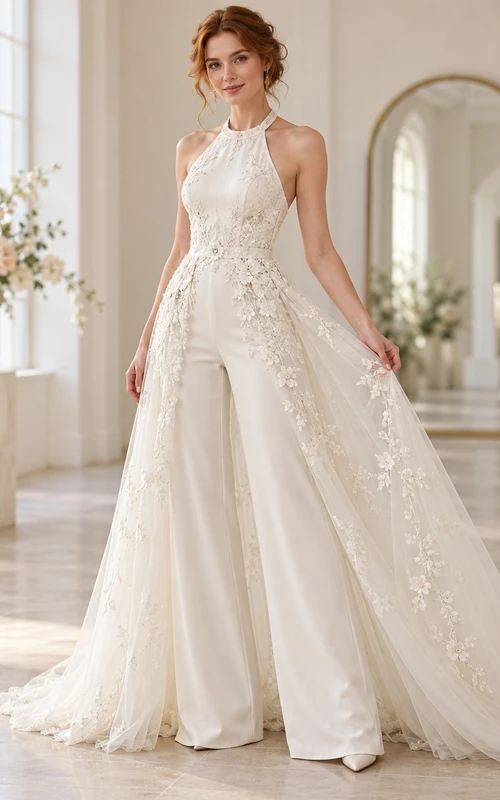 Halter Floral Lace Wide Leg Trained Overskirt Bridal Jumpsuit