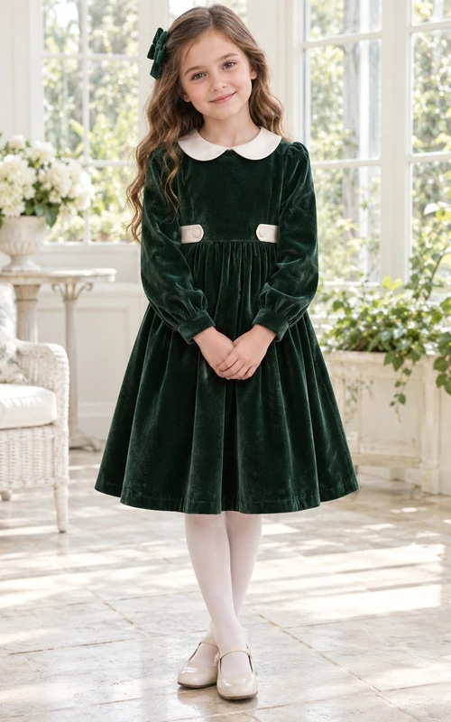 Vintage Schlichtes, langärmeliges, dunkelgrünes, knielanges Samtkleid mit schmaler Lasche und schmalen Trägern, ideal für Blumenmädchen