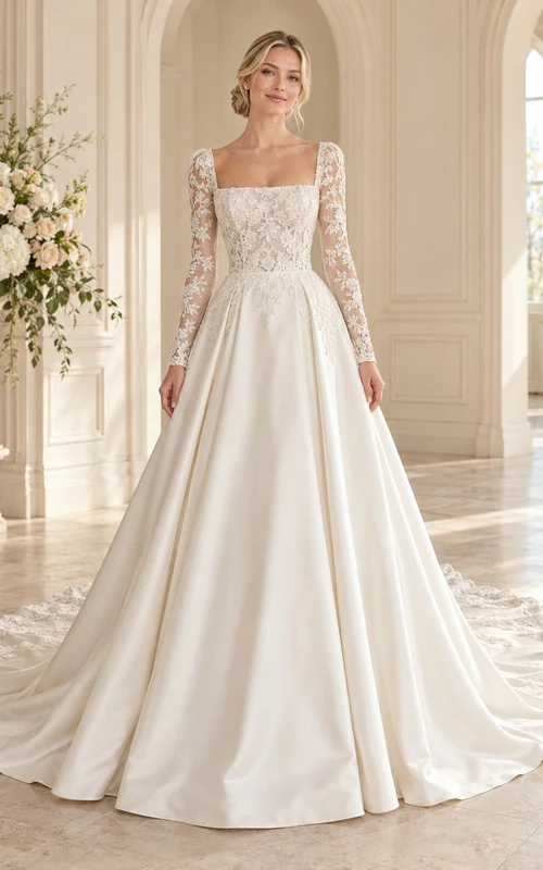 Square Neck Long Lace Sleeve Satin A-Line Wedding Dress