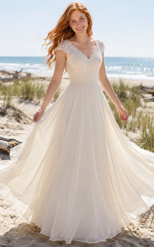 Robe de mariée en mousseline à manches courtes en dentelle et dentelle pour petite plage
