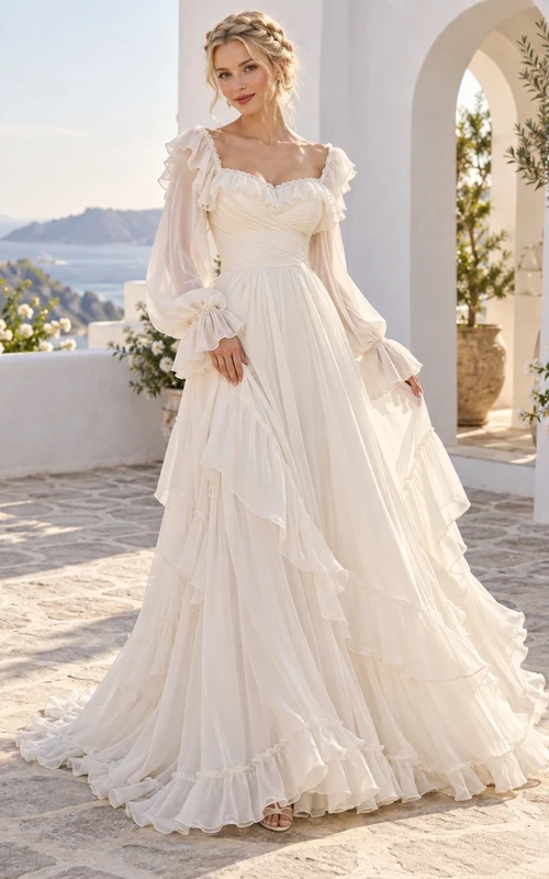 Schulterfreies Brautkleid mit Bischofsärmeln, fließenden Rüschen und A-Linien-Schnitt