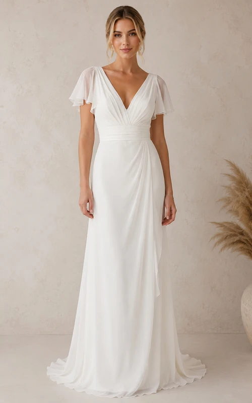 Robe de mariée ivoire en mousseline de soie, coupe trapèze, col en V et fronces