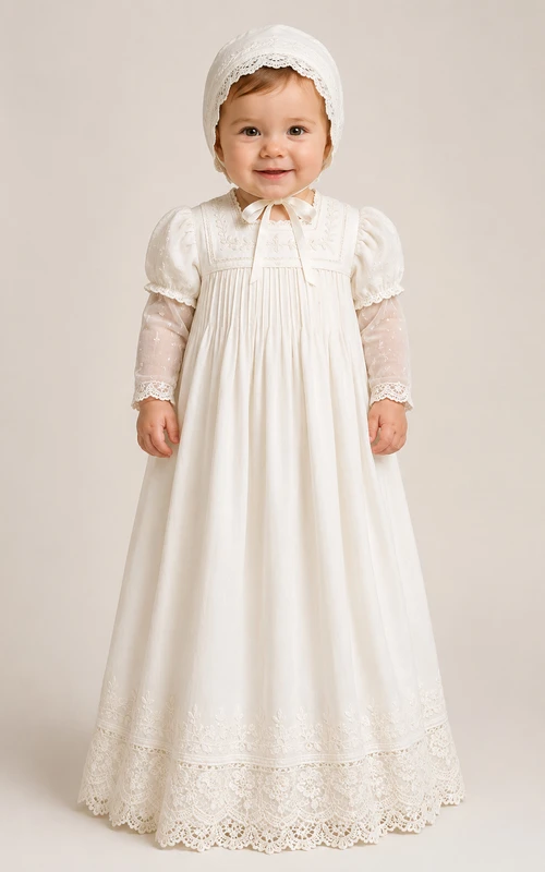 Robe de baptême vintage modeste, coupe trapèze, manches longues, en dentelle de coton, longueur au sol, avec bonnet, couleur ivoire