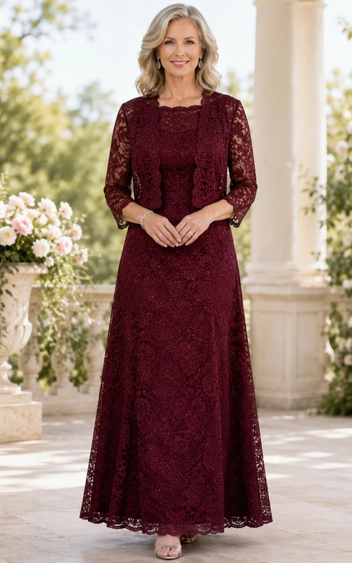 Wine Lace Floor-Length A-Line Modest Mother of the Bride Gown with Scoop Neck Three-Quarter Sleeve Jacket