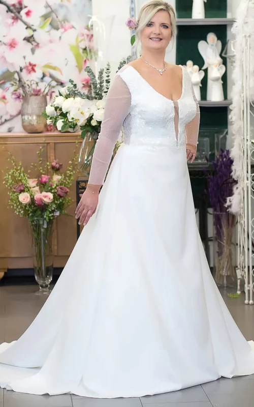 Lässiges A-Linien-Hochzeitskleid aus Satin mit V-Ausschnitt, bodenlang und langen Ärmeln, langärmelig
