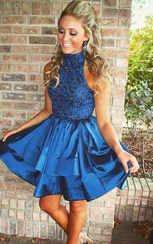 Robe de bal trapèze sans manches en taffetas à col montant, mini-robe de soirée