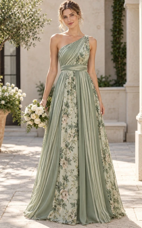 Brautjungfernkleid aus Chiffon in Salbeigrün mit floralem Streifenmuster, asymmetrischem Träger und drapiertem Schnitt, bodenlang