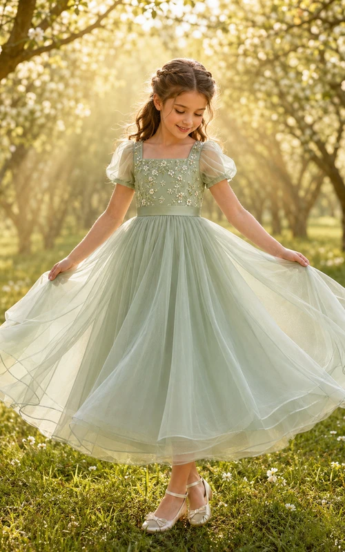 Blumenmädchenkleid Salbeigrün, Spitze, Tüll, A-Linie, Puffärmel, Rundhalsausschnitt, Teelänge, Falten