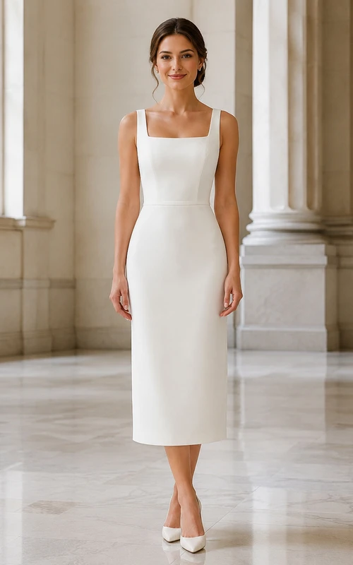 Minimalist Satin Wedding Dress Sheath Square Neck Sleeveless Knee Length Bridal Gown