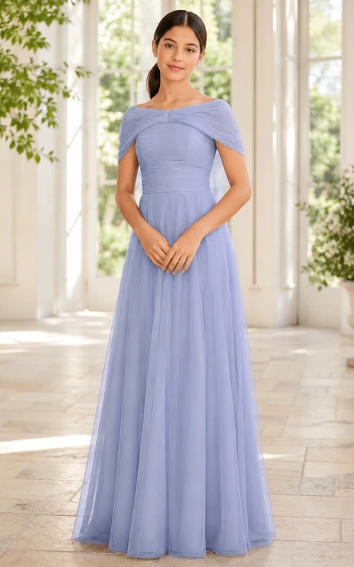 Lavendelfarbenes Brautjungfernkleid für junge Damen, A-Linie, schulterfrei, kurze Ärmel, Blütenblatt-Rüschen, romantisch