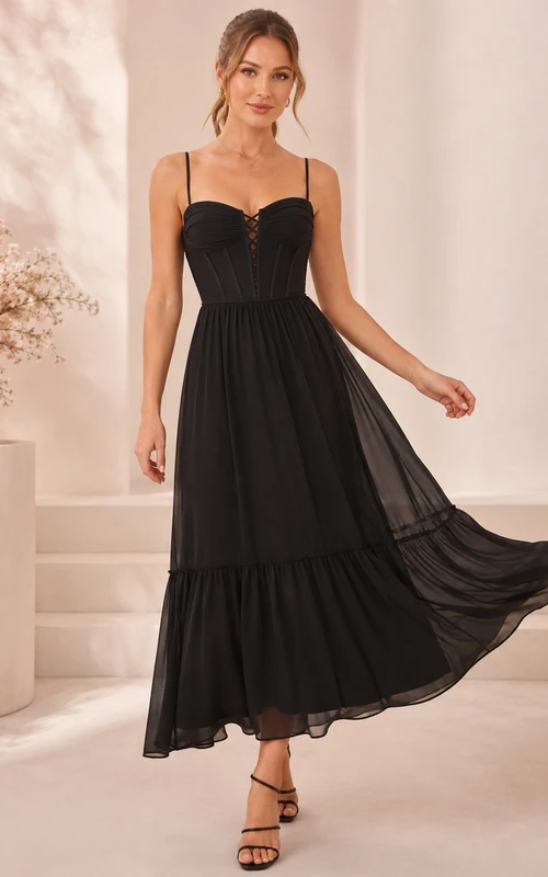 Black Spaghetti Strap Sweetheart Corset Chiffon Tiered Ankle-Length A-Line Guest Dress