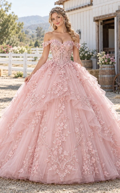 Robe de bal de quinceañera rose poudré à épaules dénudées en tulle fleuri, style western