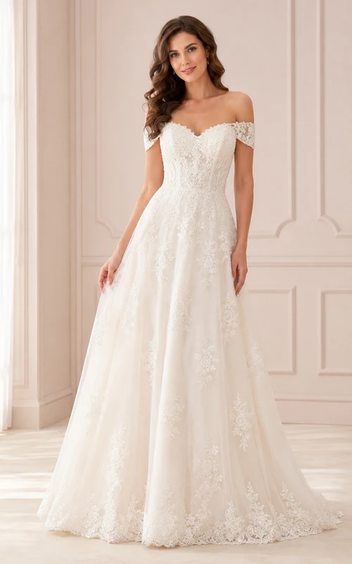 Schulterfreies Brautkleid aus Spitze in A-Linie, Studio-Brautkleid
