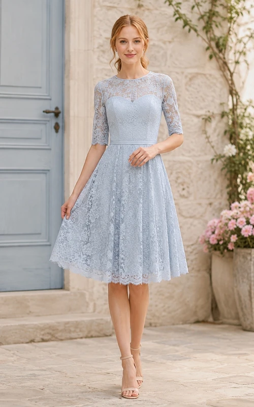 Sky Blue Lace Three Quarter Sleeve Pleated Tea-Length A-Line Dress