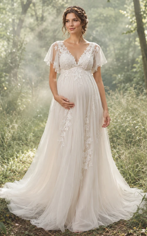 Maternity Wedding Dress V-Neck Flutter Sleeve Lace Woodland Bridal Gown with Chapel Train