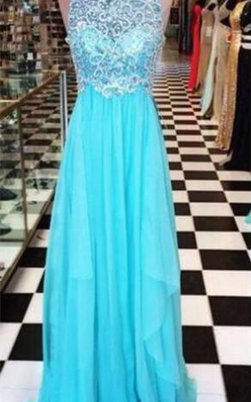 Zartes Chiffon-Abendkleid in A-Linie mit Kristallen und Reißverschluss-Illusion