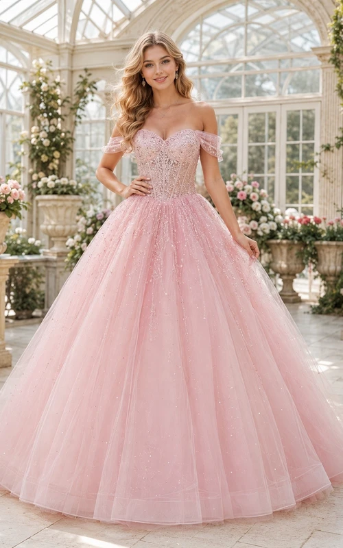 Pink Off Shoulder Tulle Ball Gown Princess Sweet Sixteen Dress
