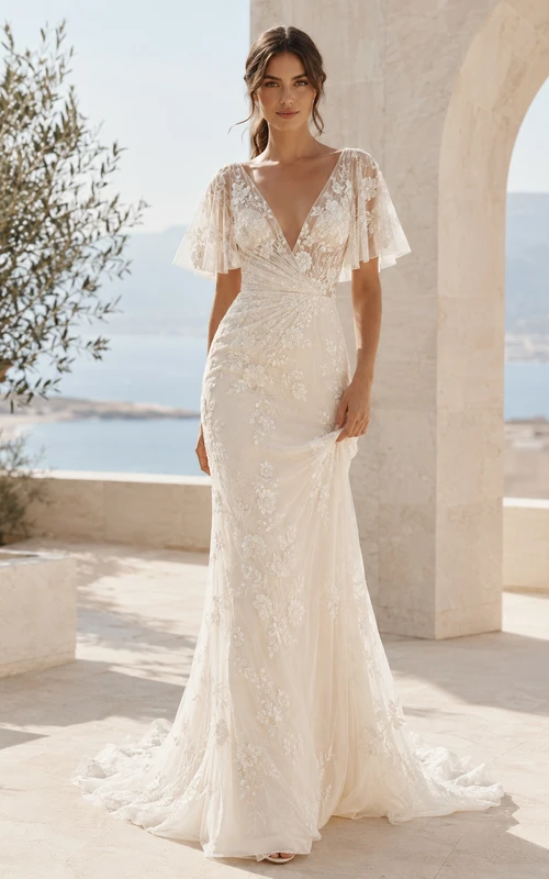 Robe de mariée sirène en dentelle florale à col en V et manches papillon