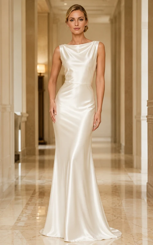 Abendkleid aus Satin in Perlmutt-Optik, elegant und mit Wasserfallausschnitt