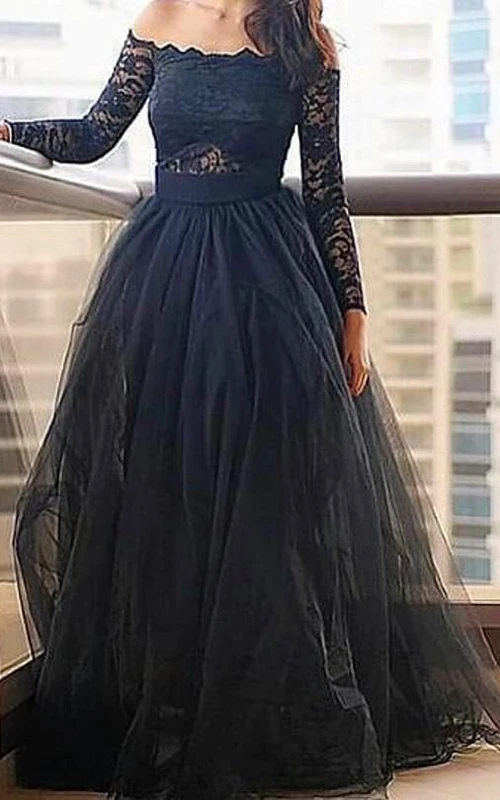 Vestido de fiesta moderno negro con hombros descubiertos y mangas largas de encaje.