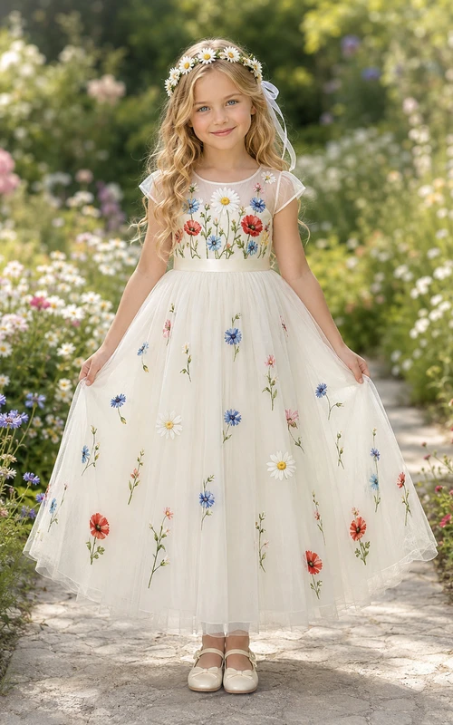 Elegantes, blumenbesticktes Tüllkleid mit kurzen Ärmeln, Teelänge, für Blumenmädchen und Gartenpartys