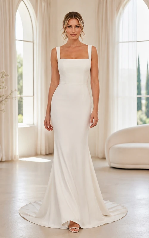 Minimalist Stretch Satin Wedding Dress Mermaid Square Neck Sleeveless Sweep Train Bridal Gown