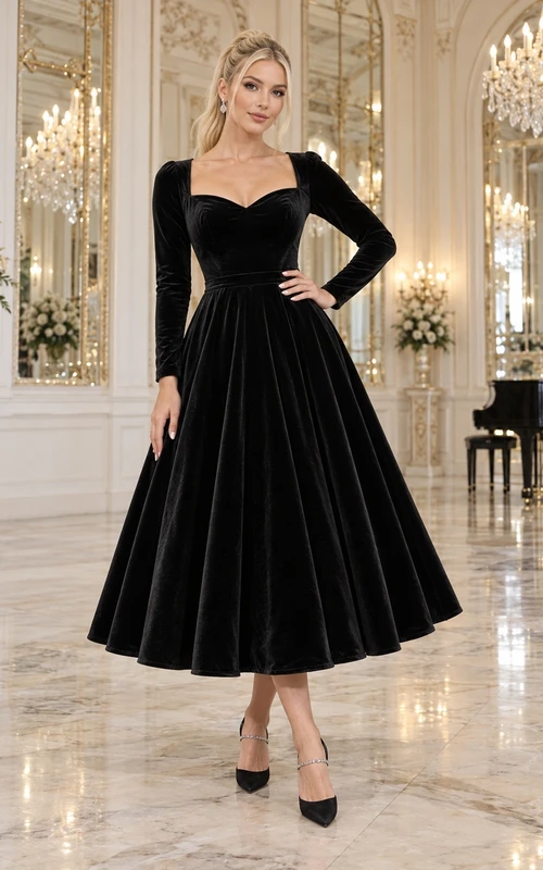 Vestido formal de terciopelo negro vintage de manga larga con escote corazón y corte en A hasta la rodilla
