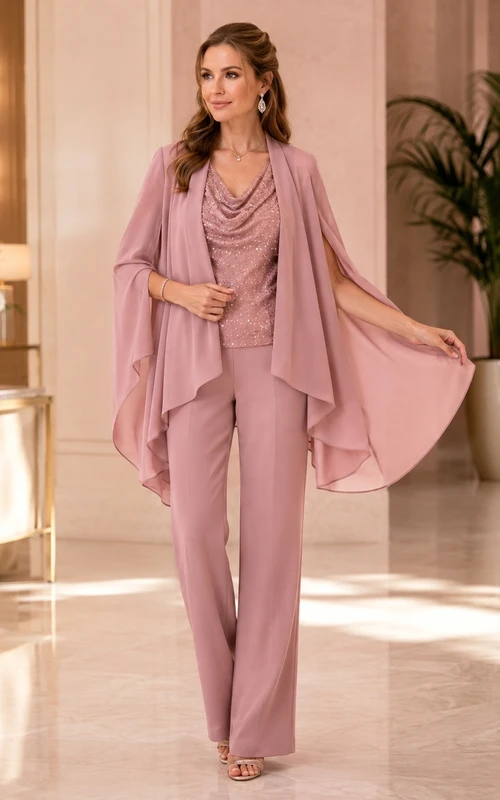 Mauve Elegant Cowl Chiffon Three-Quarter-Sleeve Two-Piece Mother Dress